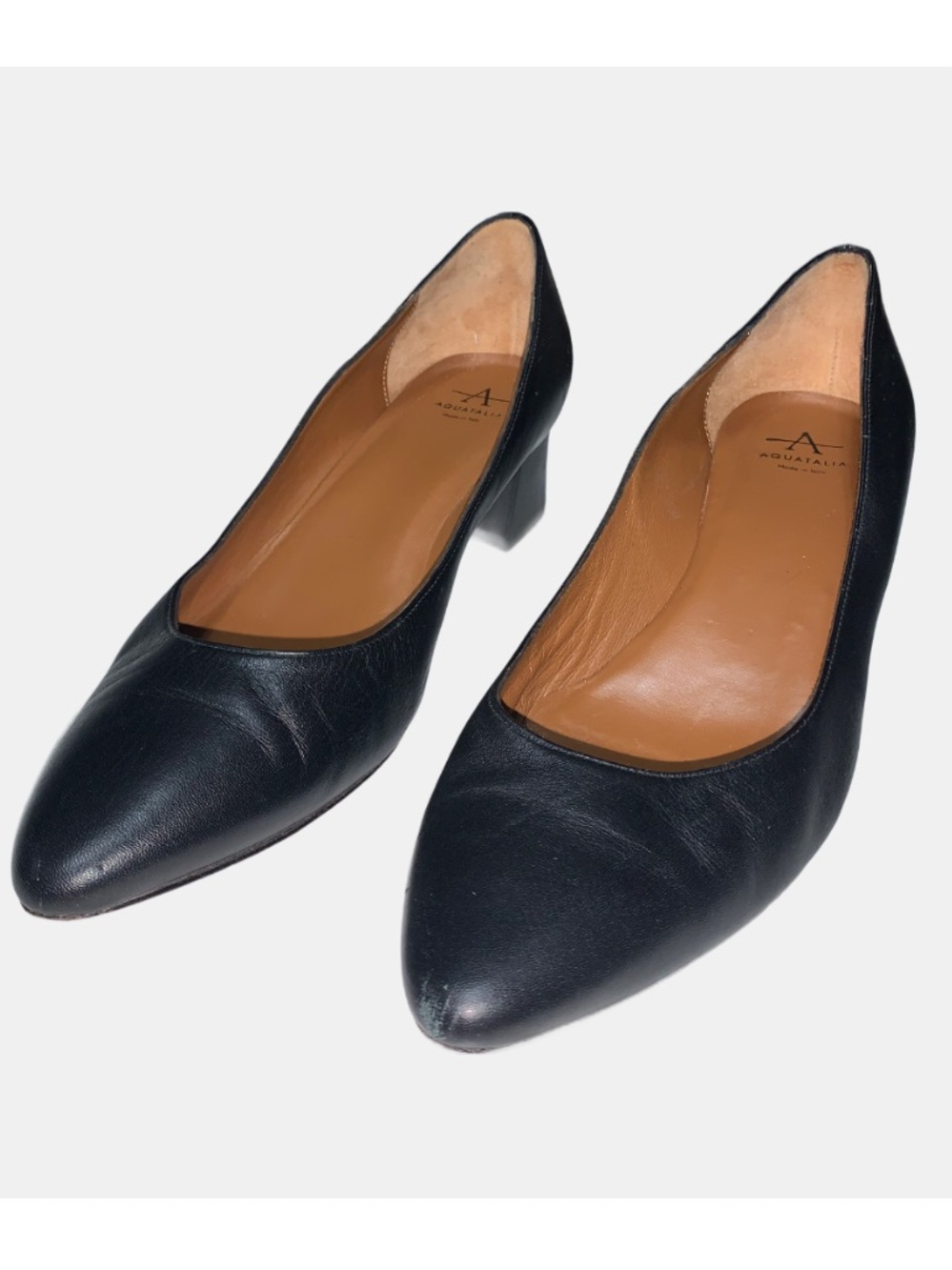 Aquatalia Black Leather Pointed Toe Mid Heel Pumps
